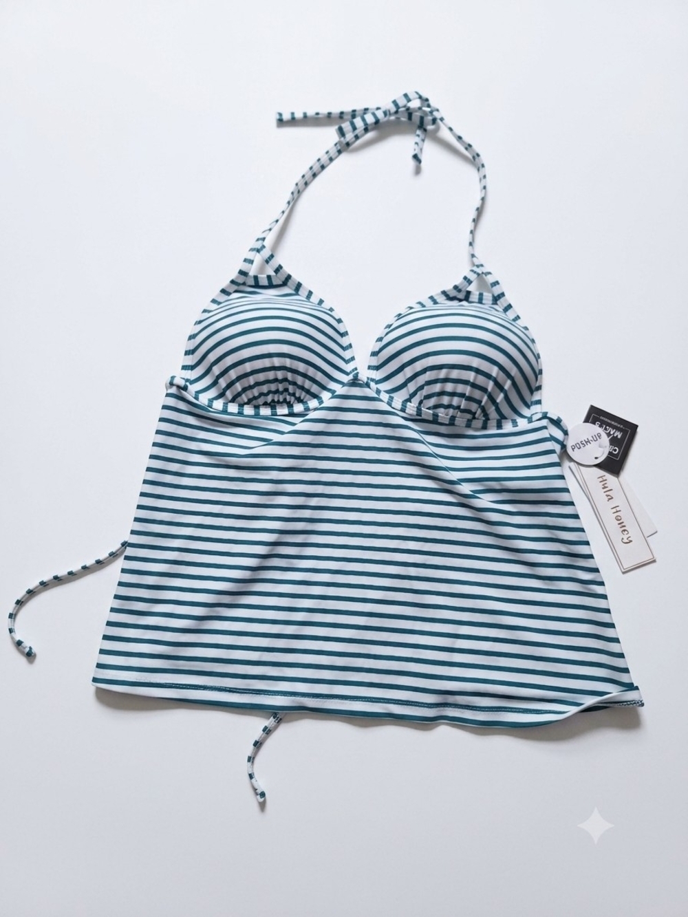 NWT Hula Honey Macy's Striped Push Up Halter Tankini Swimsuit Top Green White L